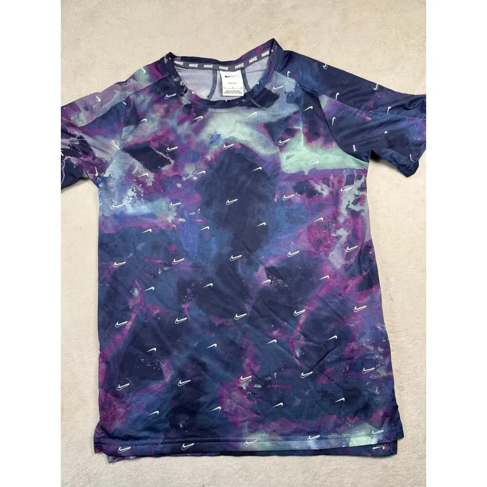 Nike Dri-FIT Boys L Blue Purple Allover Swoosh Athletic Shirt Youth